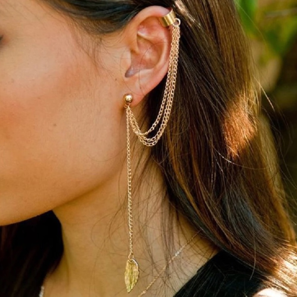 🎉 New Cuff & Leaf Gold Plated Stud Earring